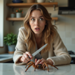 Jeune femme surprise face à une araignée dans la cuisine