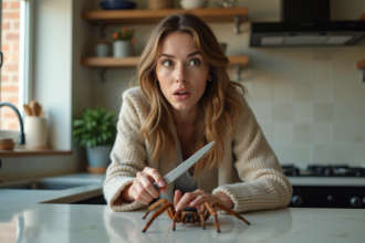 Jeune femme surprise face à une araignée dans la cuisine