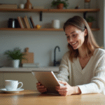 Femme souriante lisant sur tablette dans sa cuisine