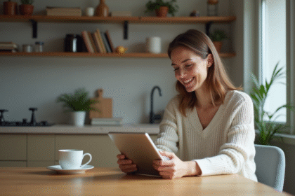 Femme souriante lisant sur tablette dans sa cuisine