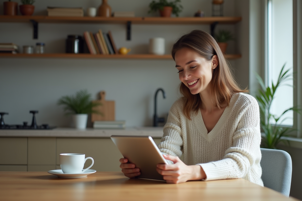 Femme souriante lisant sur tablette dans sa cuisine