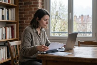 Jeune femme concentrée travaillant à la maison à Grenoble