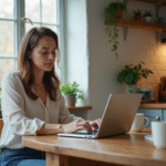 Femme concentrée travaillant sur son ordinateur dans la cuisine