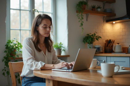 Femme concentrée travaillant sur son ordinateur dans la cuisine