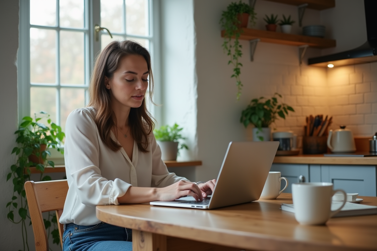Femme concentrée travaillant sur son ordinateur dans la cuisine