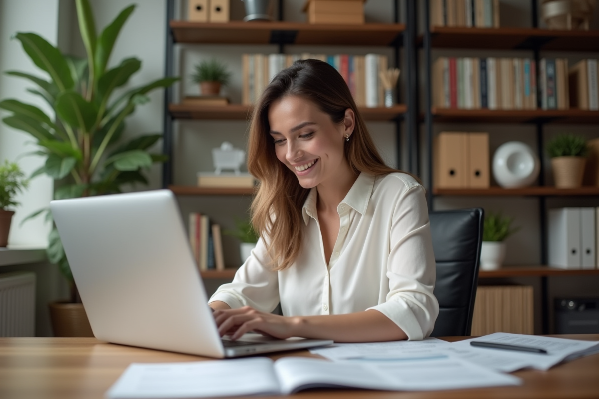 Jeune femme professionnelle travaillant sur son ordinateur à domicile