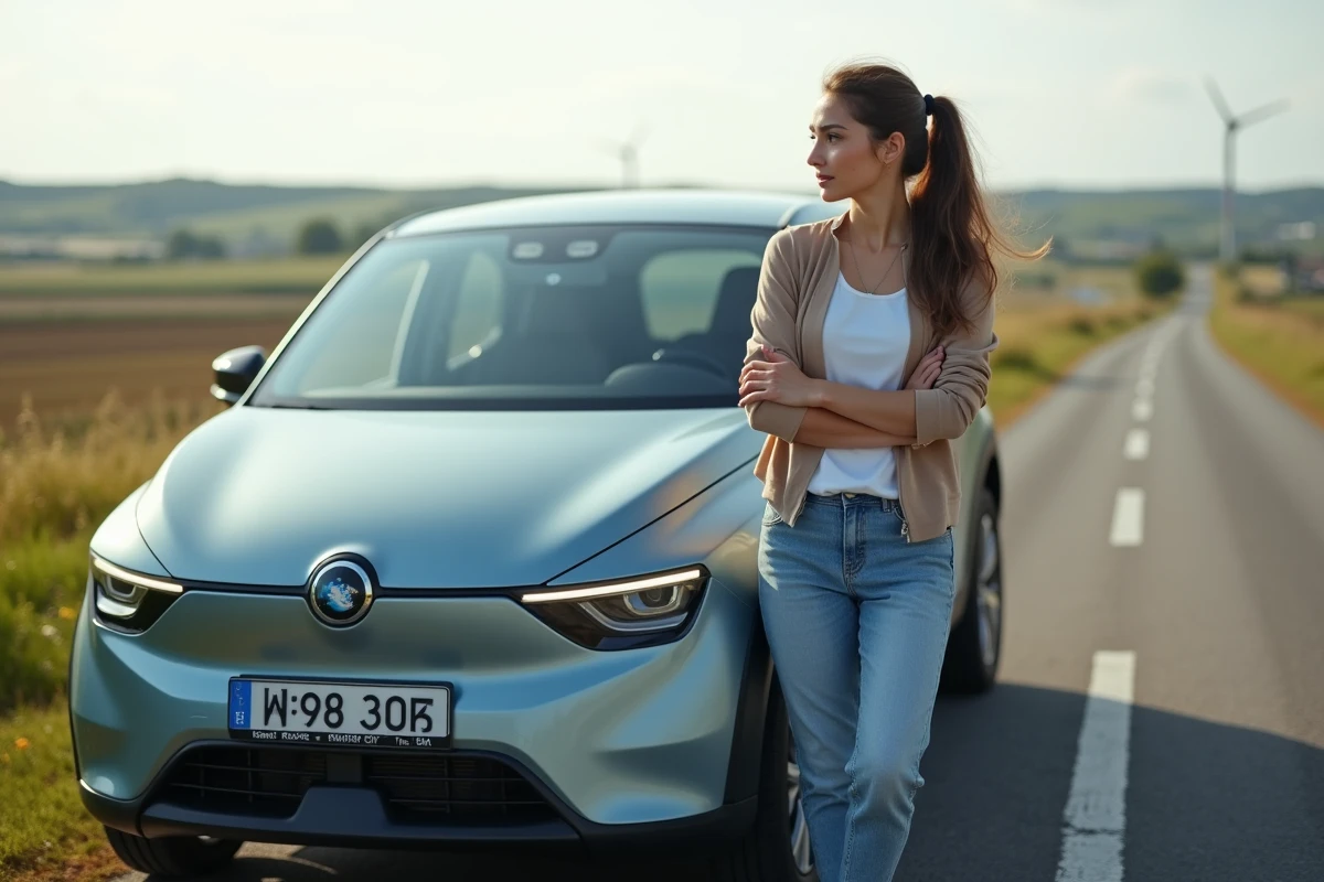 Jeune femme avec voiture hydrogene dans la campagne