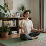 Femme en yoga dans un salon calme et lumineux