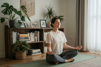 Femme en yoga dans un salon calme et lumineux