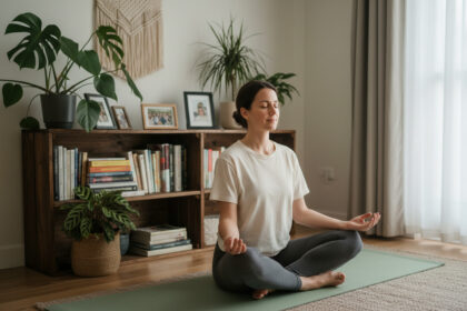 Femme en yoga dans un salon calme et lumineux