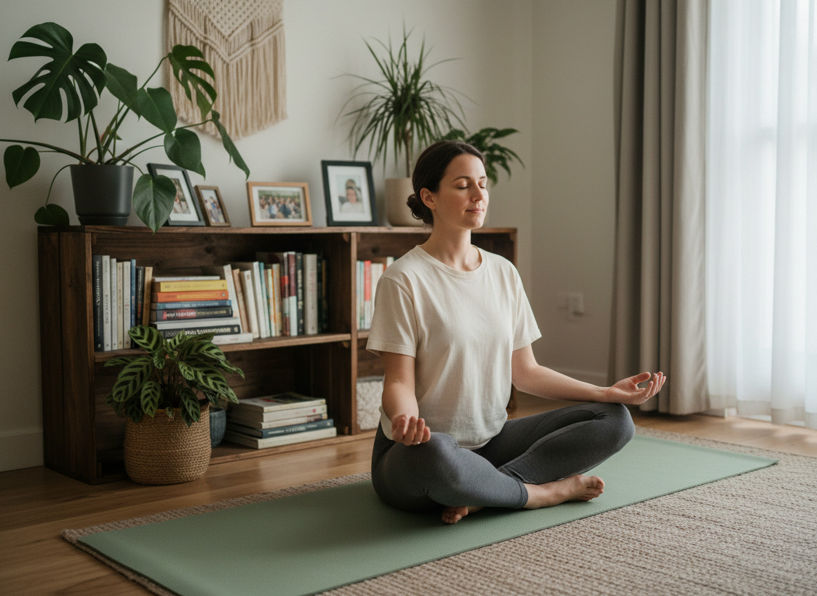 Femme en yoga dans un salon calme et lumineux