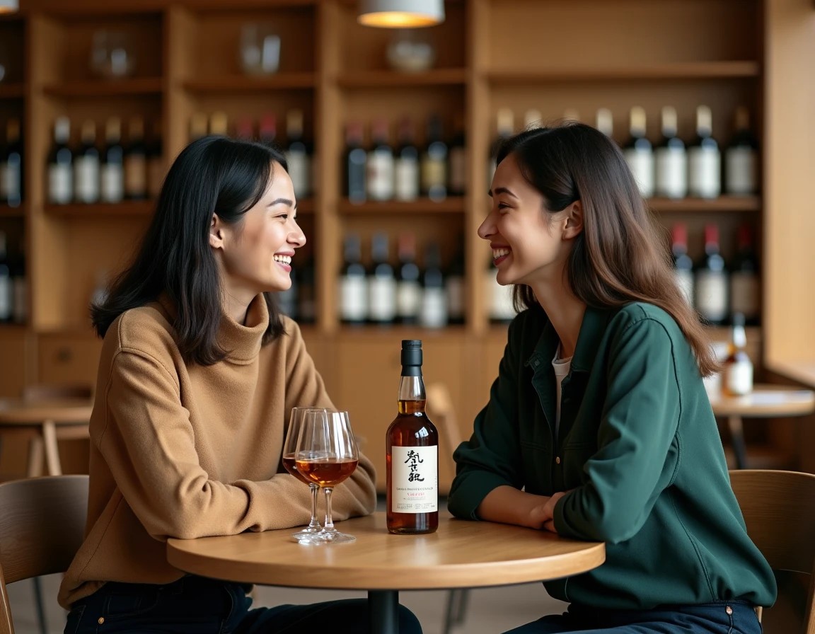 Deux femmes partageant une dégustation de whisky japonais Akashi dans une cave à spiritueux conviviale