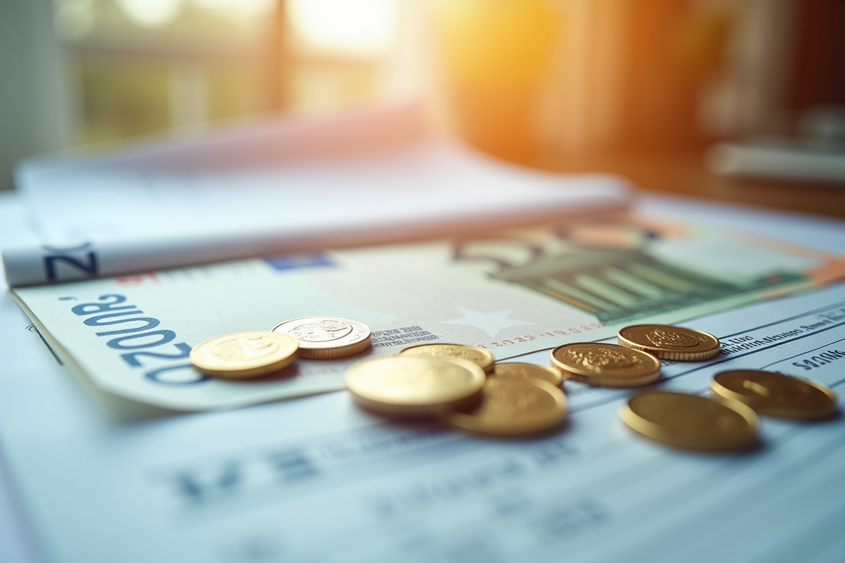 Fiche de paie ouverte avec monnaie euro en gros plan