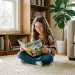 Jeune fille lisant un magazine dans un salon lumineux