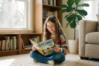 Jeune fille lisant un magazine dans un salon lumineux