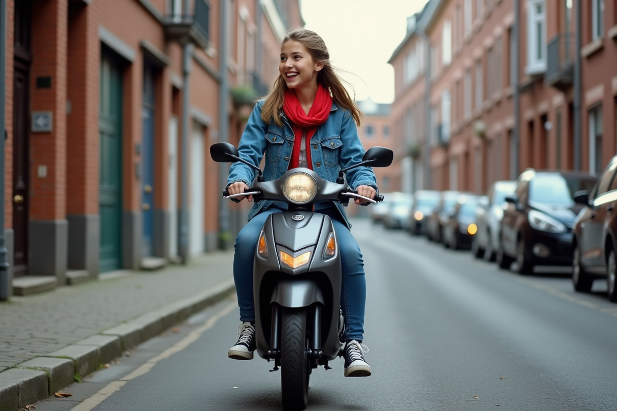 Fille souriante à moto dans une rue résidentielle