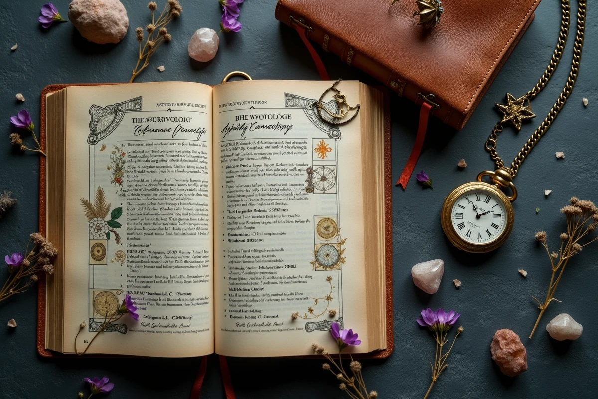 Mise à plat stylisée d'une montre de poche vintage à 23h23, d'un livre d'astrologie ouvert aux signes du zodiaque et de cristaux sur ardoise sombre