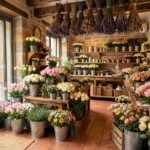 Vue d'ensemble d'une boutique de fleuriste artisanale en Centre-Val de Loire avec des fleurs de saison disposées en abondance dans des seaux en zinc et des caisses en bois