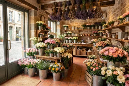 Vue d'ensemble d'une boutique de fleuriste artisanale en Centre-Val de Loire avec des fleurs de saison disposées en abondance dans des seaux en zinc et des caisses en bois