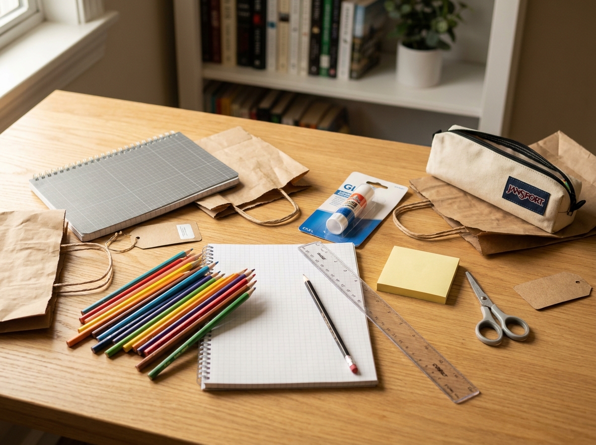 Vue de dessus des fournitures scolaires essentielles étalées sur un bureau en bois pour la rentrée scolaire