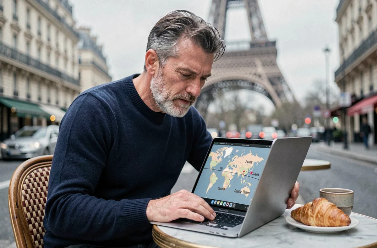 Homme consultant un fuseau horaire mondial sur ordinateur portable dans un café parisien avec la tour Eiffel en arrière-plan