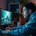 Jeune gamer fatigué regardant ses statistiques de temps de jeu sur League of Legends devant un double écran en setup gaming