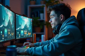 Jeune gamer fatigué regardant ses statistiques de temps de jeu sur League of Legends devant un double écran en setup gaming