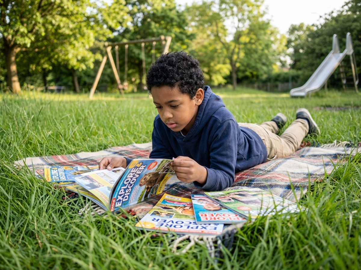Garçon curieux lisant un magazine dans un parc verdoyant