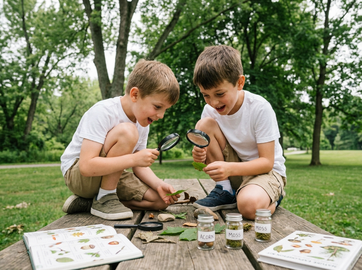 Deux garçons explorant la nature avec des loupes lors d'une activité éducative estivale en plein air
