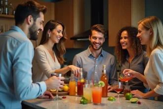 soirée cocktail conviviale avec amis autour de verres colorés