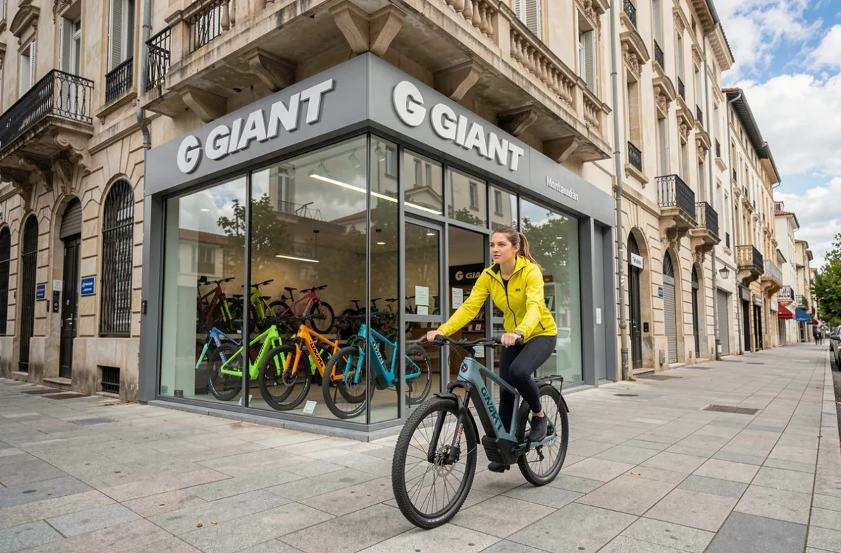 Essai d'un vélo électrique Giant devant le magasin Giant Toulouse Montaudran