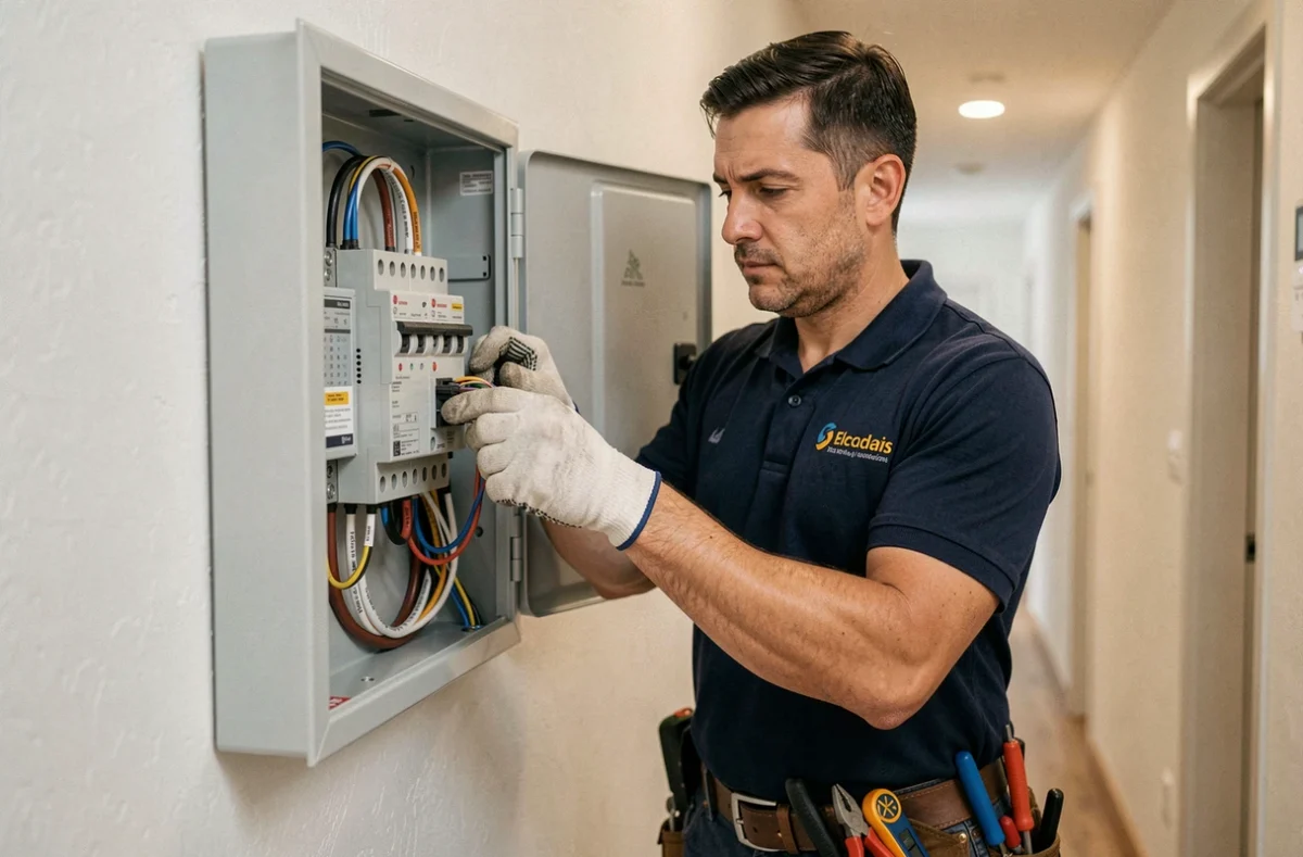 Électricien généraliste Goube travaillant sur un tableau électrique résidentiel à Créteil