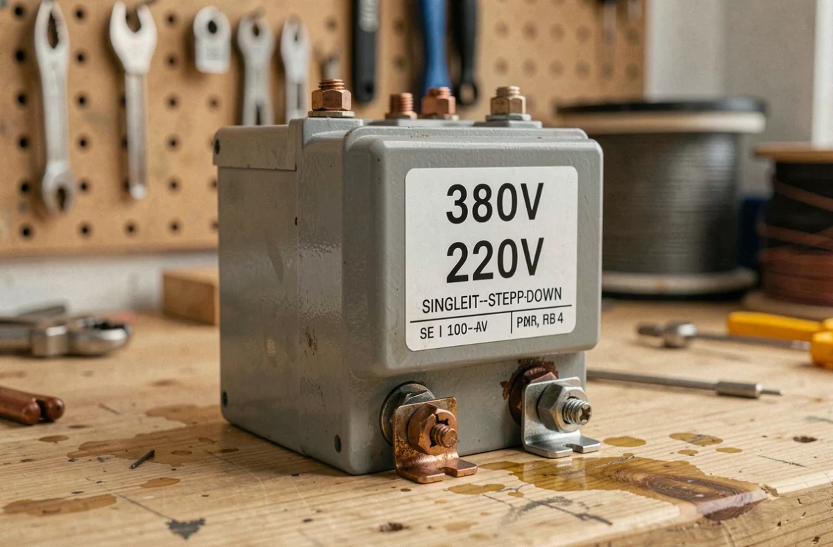 Gros plan sur un transformateur abaisseur 380V 220V avec bornes de connexion visibles sur un établi d'atelier électrique