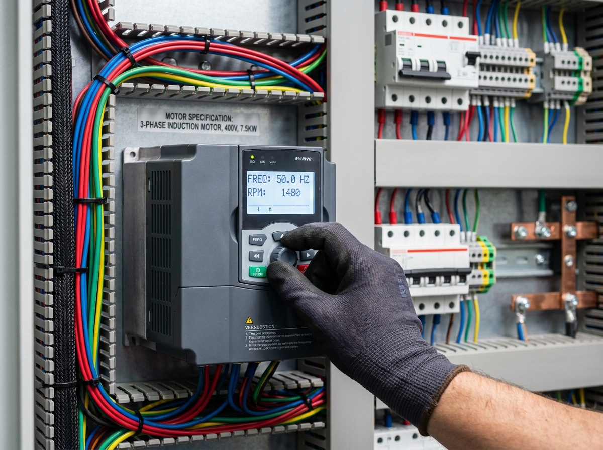 Gros plan sur un variateur de vitesse avec affichage numérique et câblage dans une armoire électrique industrielle