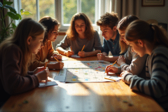Groupe d'amis jouant à un jeu de société en plein jour