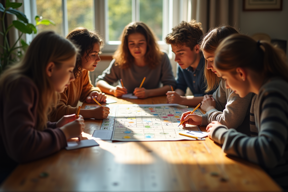 Groupe d'amis jouant à un jeu de société en plein jour