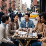 Groupe de jeunes adultes discutant autour d'un café en ville