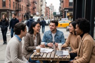 Groupe de jeunes adultes discutant autour d'un café en ville