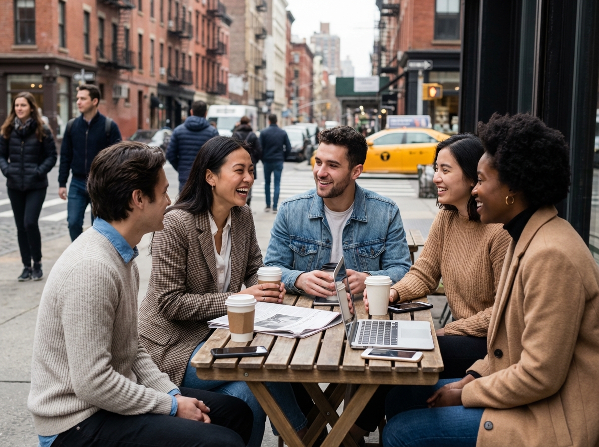 Groupe de jeunes adultes discutant autour d'un café en ville