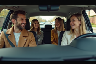 Quatre adultes souriants dans une voiture moderne