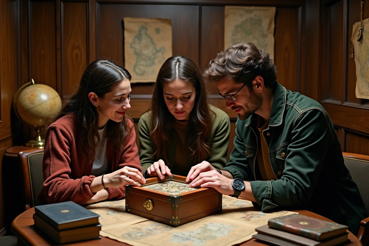 Groupe de joueurs collaborant autour d'indices dans un escape room au thème aventure et énigmes