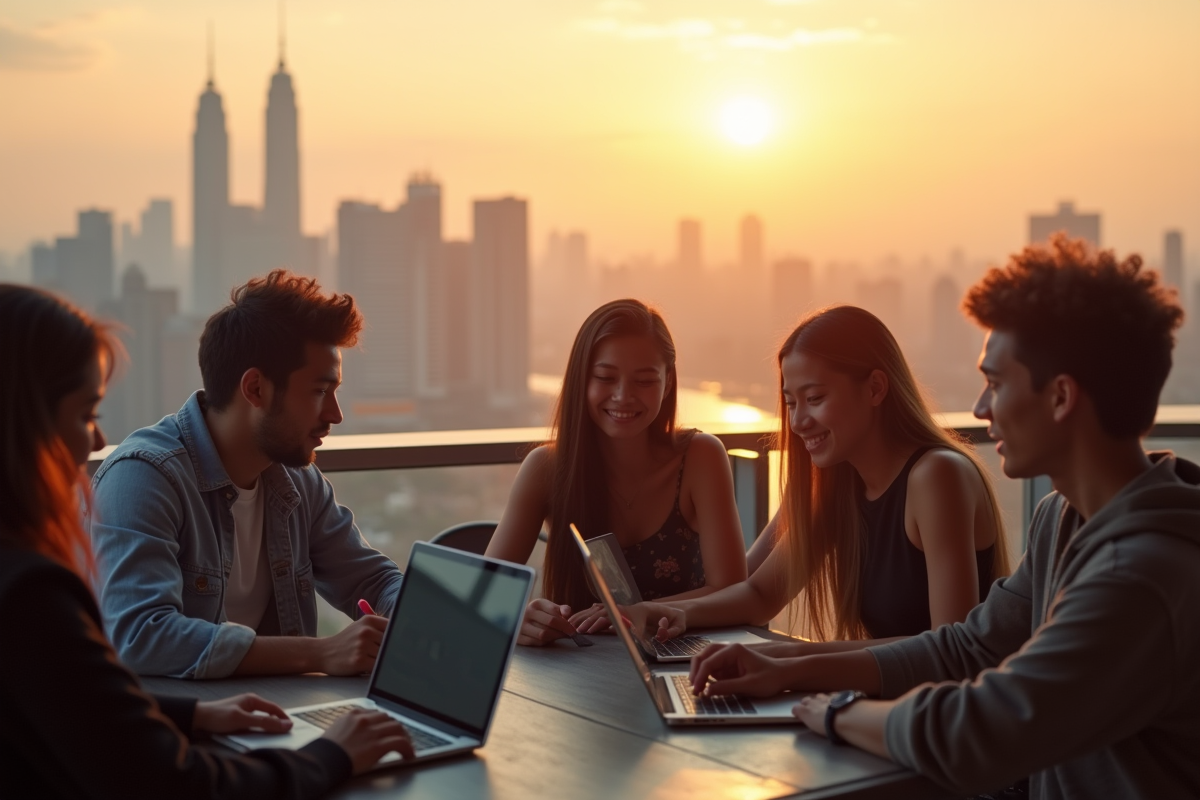 Groupe de jeunes voyageurs sur un rooftop avec vue sur la ville asiatique