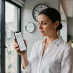 Femme regardant l'heure de Sydney et Paris simultanément sur son smartphone dans un bureau parisien moderne