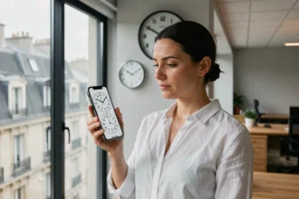 Femme regardant l'heure de Sydney et Paris simultanément sur son smartphone dans un bureau parisien moderne
