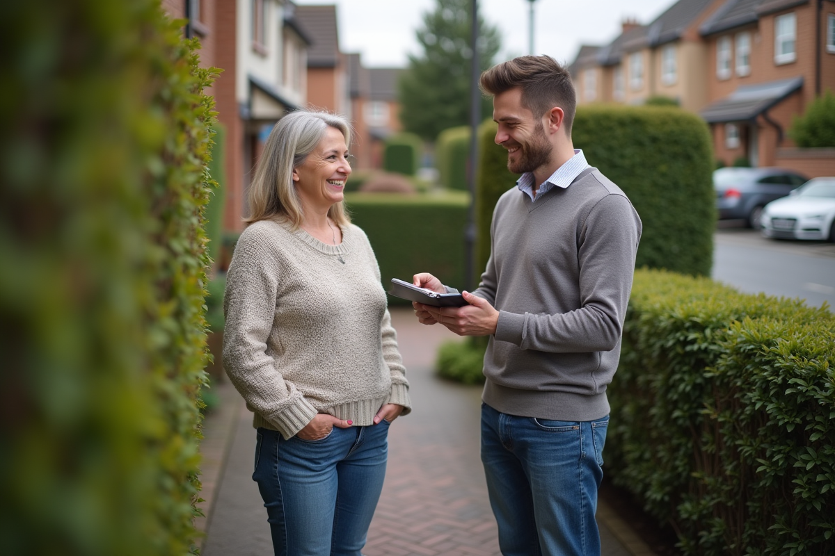 Femme propriétaire souriante avec évaluateur dans le jardin