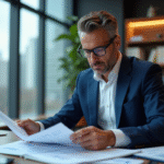 Homme d'affaires en costume bleu examine des rapports financiers