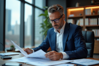 Homme d'affaires en costume bleu examine des rapports financiers