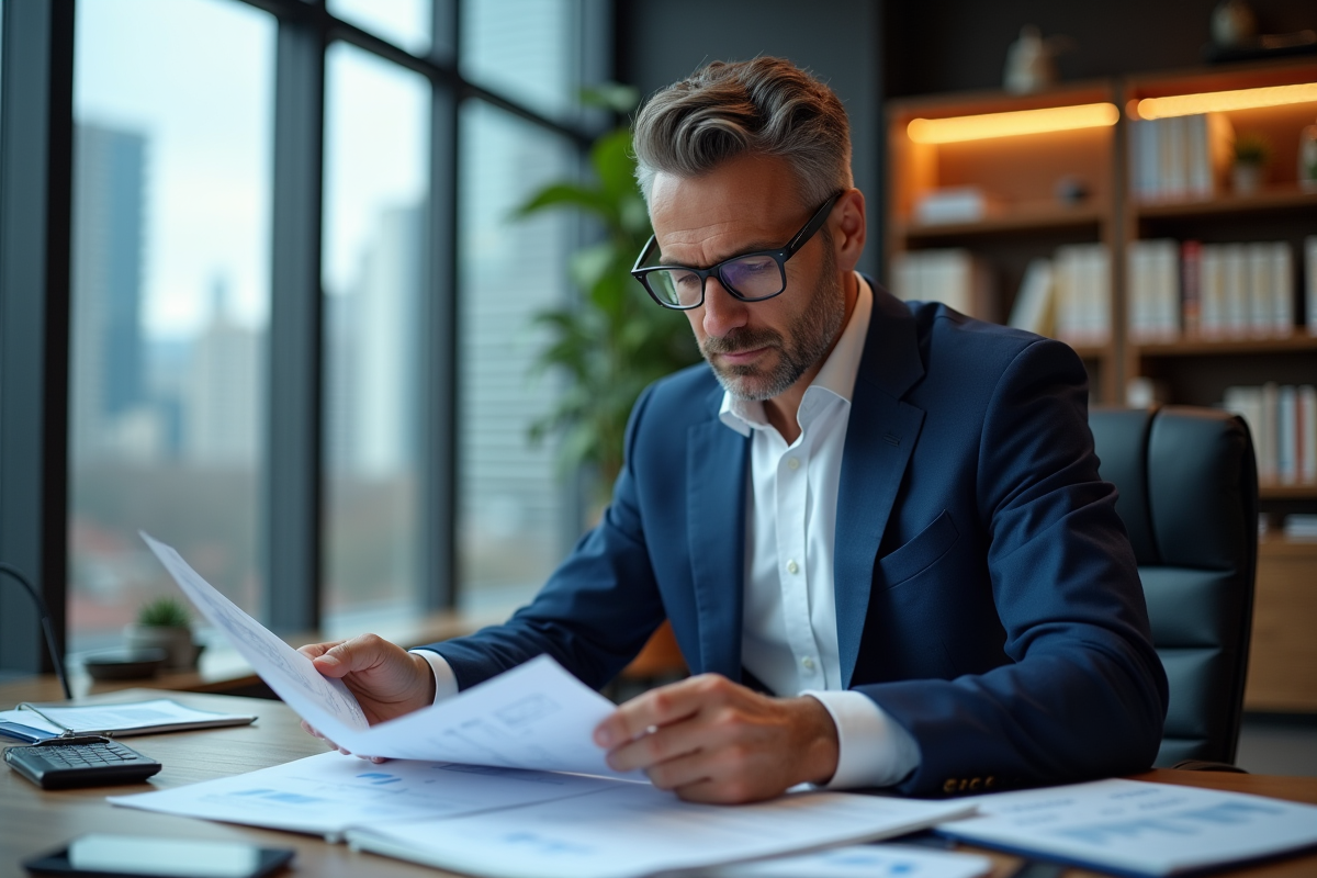 Homme d'affaires en costume bleu examine des rapports financiers