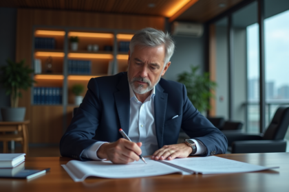 Homme d'affaires en costume navy dans son bureau