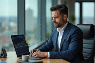 Homme d'affaires en costume analysant des graphiques financiers